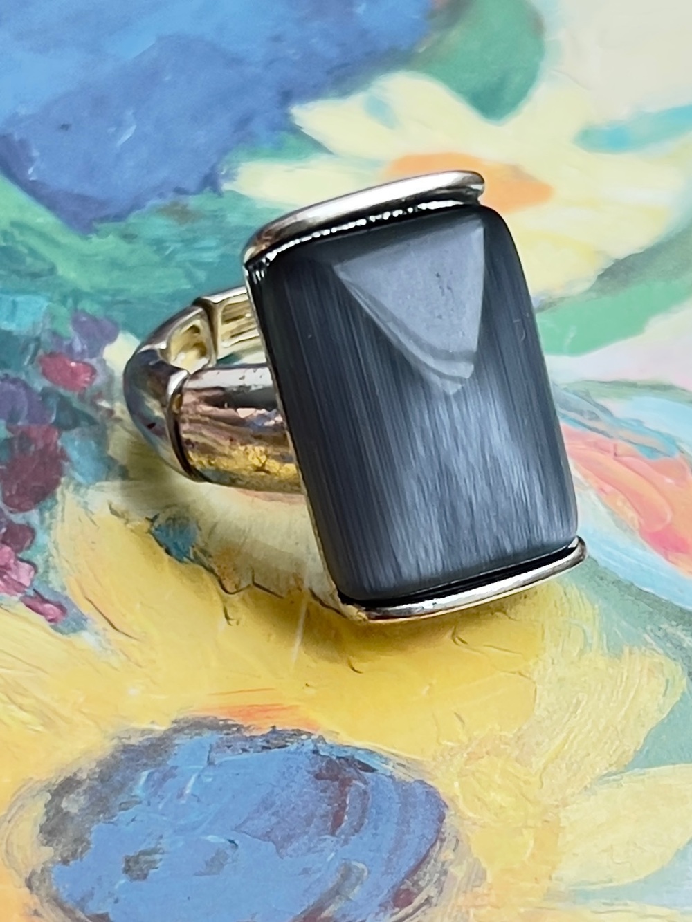 VTG Signed Modernist Statement Ring Gray Tiger Eye Sugarloaf Chunky Stretch Ring